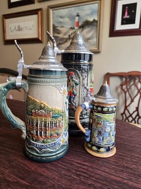 Three German Beer Steins - Multi-Color Ceramic with Pewter Lids